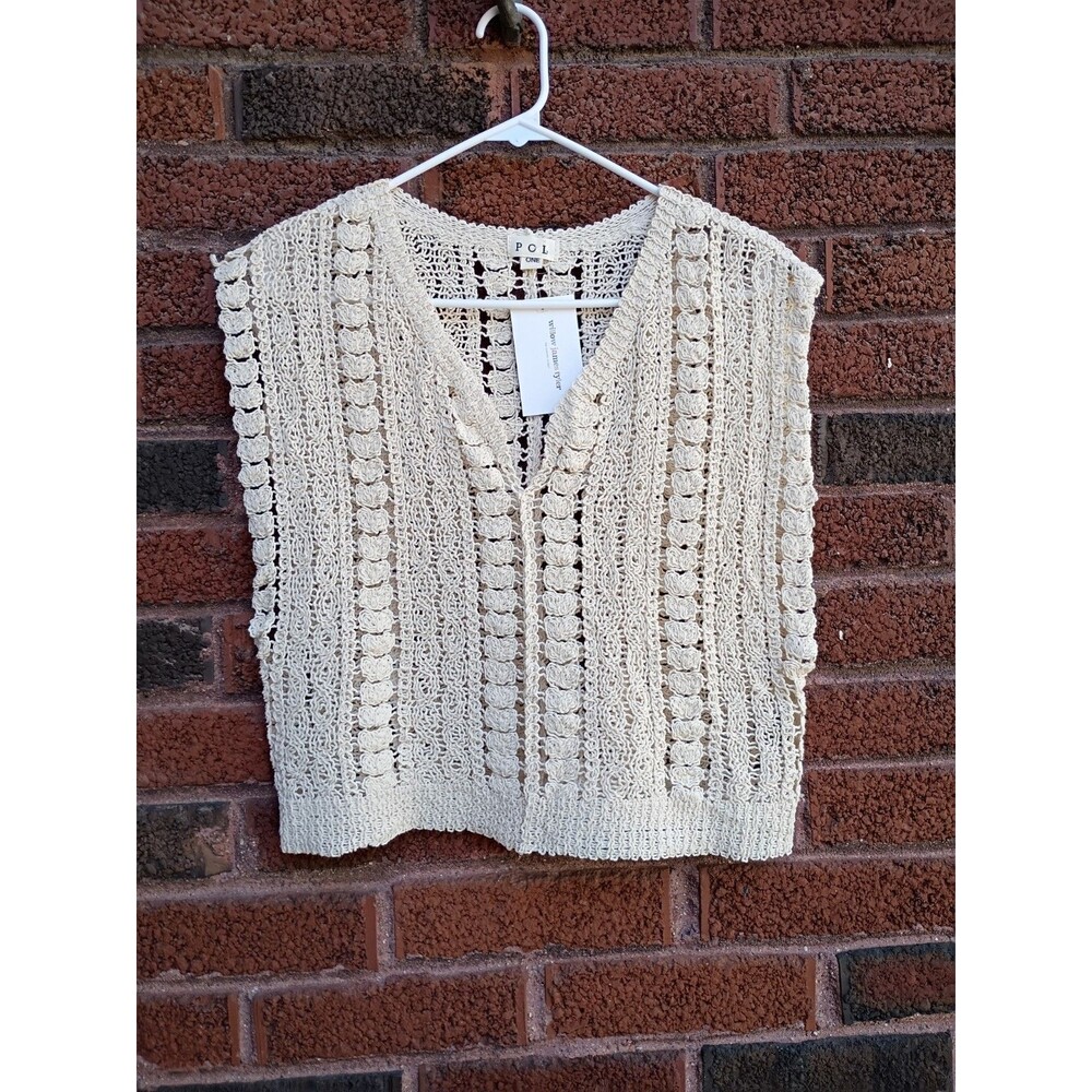Pol women's crochet vee neck sweater open knit cream one size Boho Western